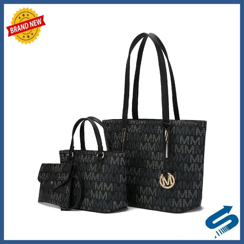 Vegan Leather Satchel Shoulder Bag Tote Wristlet Set 3-Piece